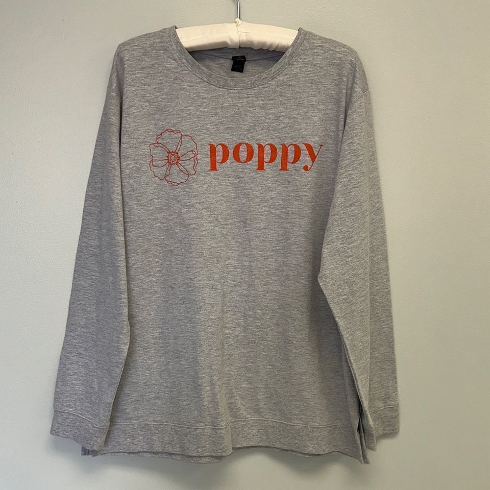 ANVIL L Gray Orange poppy Graphic Front Long Sleeve Crew Light Terry Top